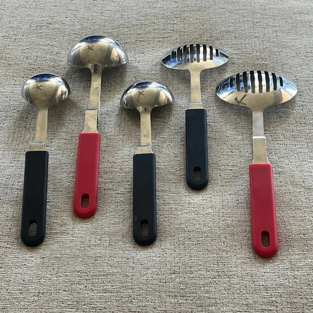 Stainless Steel Pot Hook Kitchen Utensil Set 5pc Ladle Slotted Spoons Red Black